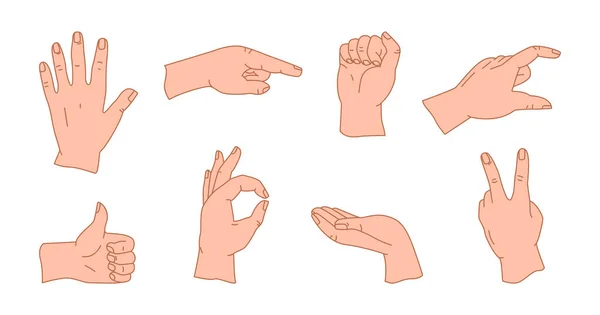 Set Hands Different Gestures Showing Signals Silhouettes Hands Various Situations — Stock Vector