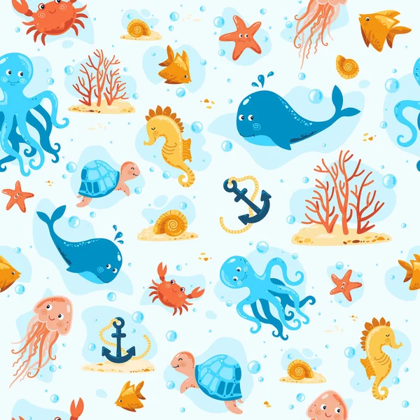Havsliv Ändlös Vektorillustration Maneter Krabba Sköldpadda Bläckfisk Fisk Korall Sjöstjärna — Stock vektor