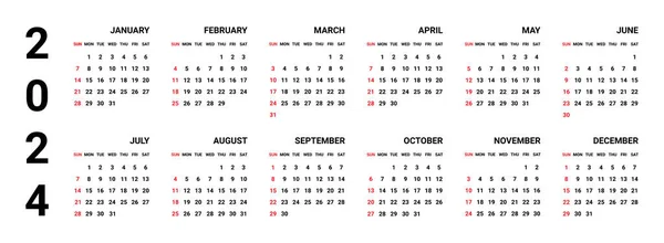 Πρότυπο Ημερολόγιο Για 2024 Κλασικό Αυστηρό Στυλ Οριζόντια Μινιμαλιστική Σχεδίαση — Διανυσματικό Αρχείο