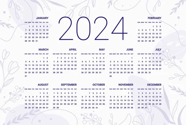 Kalender Template Voor 2024 Horizontaal Ontwerp Met Zachte Abstracte Botanische — Stockvector