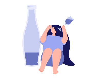 Alkolizm. Mutsuz bir kadın şişenin yanında oturuyor. Sosyal sorun, taciz, alkol bağımlılığı, sağlıksız yaşam tarzı. Vektör illüstrasyonu