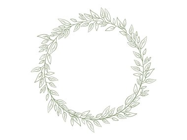 Davetiye, sertifika ya da logo için doğrusal el çizimi yaprakları olan zarif düğün öğesi. Dekoratif çelenk. Vektör illüstrasyonu