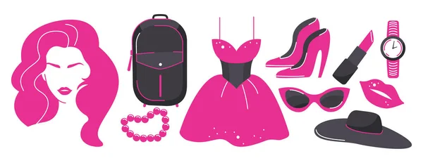 Nostaljik Barbiecore 2000 tarzı. Editör materyali. Ulusal Barbie Günü. Göz kamaştırıcı oyuncak bebek etiketleri. Vektör seti beyaz arkaplanda izole edildi