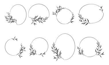 Dalları ve yaprakları olan zarif, asgari yuvarlak sınır çerçeveleri. Çiçeksel monogram çerçeveler. Etiketler, logolar, markalaşma iş kimliği, düğün davetiyeleri için vektör izole illüstrasyonu