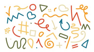 Moda şekilleri, formlar, çocuklar için fırça darbeleri ve karalamalar, ev dekorları, duvar kağıtları, tekstil, duvar resimleri, kapaklar, dokular. Vektör illüstrasyonu beyaz arkaplanda izole edildi