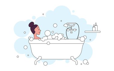 Ulusal Köpük Banyo Günü. Küvette köpüklü genç bir kadın. Cilt bakımı, zevk, rahatlama.