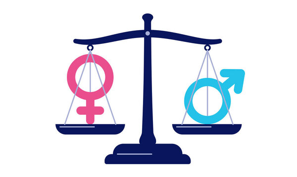 Весы с гендерными признаками, показывающими одинаковый вес. Символ равенства. Плоская векторная иллюстрация на белом фоне