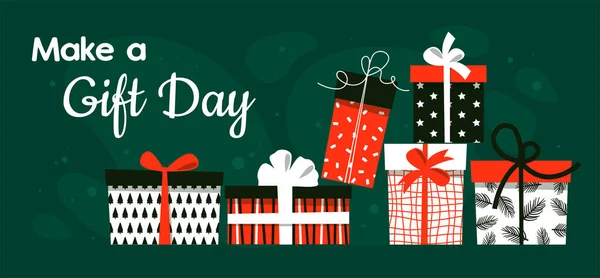 Hediye günü yapalım. Xmas sürprizleri, kış tatili hediyeleri. Tatil selamı, yeni yıl, doğum günü ya da Noel hediyesi kutuları. Tebrik kartı için hoş bir tasarım. Düz vektör çizimi beyaz üzerine izole edildi