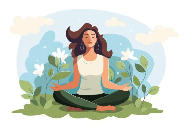 Mutlu kız çiçeklerin arasında oturup meditasyon yapıyor. Akıl Sağlığı Bilinci Ayı. Rahatla ve pozitif, mutluluk, uyum
