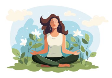 Happy girl sitting and meditating among flowers. Mental Health Awareness Month. Relax and positive, happiness, harmony clipart