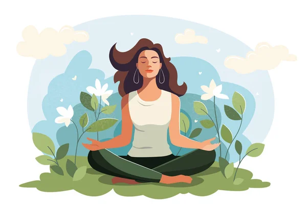 Mutlu kız çiçeklerin arasında oturup meditasyon yapıyor. Akıl Sağlığı Bilinci Ayı. Rahatla ve pozitif, mutluluk, uyum
