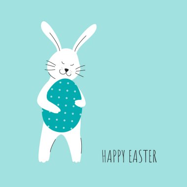 Güzel beyaz tavşan ve yumurtalı Paskalya tebrik kartın kutlu olsun. Tavşanlı Paskalya kartın kutlu olsun. Modern minimal biçim