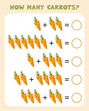 Kaç tane havuç saydın mı? Çocuklar için eğitici çalışma listesi. Çocuklar için matematik oyunu. Saymayı ve toplamayı öğreniyorum. Düz Vektör İllüstrasyonu