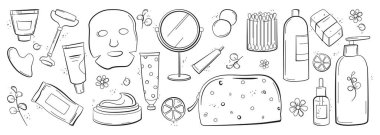 Cilt bakım rutini ve hijyen konsepti. Güzellik kozmetik ikonları ayarlandı. Güzellik ürünleriyle dolu konteynırlar ve şişeler.