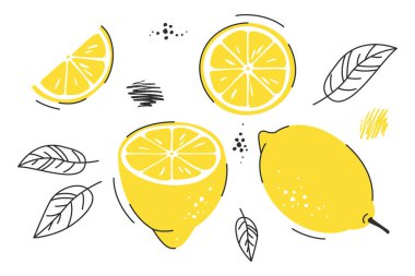 Sarı limonlu, limon dilimli, yapraklı tropik bir set. Sancaklar, kartlar, el ilanları, ürün tasarımı, limon logosu, sosyal medya duvar kağıtları vs. için beyaza izole edilmiş vektör illüstrasyonu.