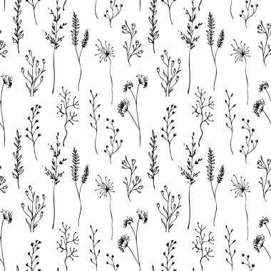 Kır çiçeğinin pürüzsüz deseni. El çizimi basit tarla çiçekleri. Çayır bitkileri. Çiçek desenli ambalaj, kumaş tasarımı, kartlar. El yapımı, çiçekli, otlu botanik arka planı