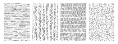 Elle çizilmiş hat dokusu ayarlandı. Eskiz stili, grunge. Darbeler, noktalar veya çizgiler içeren dekoratif siyah ve beyaz arkaplanlar