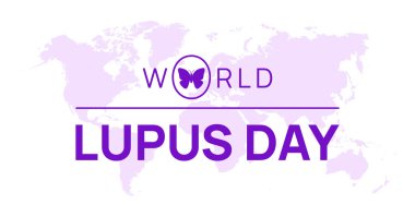 Dünya lupus günü farkındalık ayı geçmişi. Mor kelebek ve dünya haritası, kronik otoimmün farkındalık. Afiş, broşür ve arkaplan tasarımı. Vektör illüstrasyonu