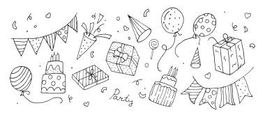 Doğum günü süslemesi çizimi. Balonlar, hediye kutuları, pastalar, parti şapkaları, konfetiler. Partiler, tekstil, pankartlar, kartpostallar, duvar kağıtları, ambalajlar için. El çizimi vektör çizimi beyaz arkaplanda izole edildi