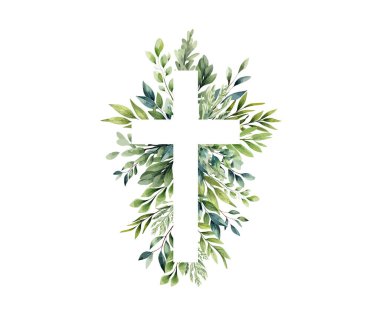 Okaliptüs bitkisel yeşillik ve haç. Vaftiz töreni. Kutsal Ruh. Kilise için haç ve yeşil yapraklar, takvimler, tatil kartları, davetiyeler, vaftizler. Paskalya Katolik dini sembolü