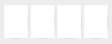 Gri arkaplanda gölgeler olan dikey beyaz kağıt dikdörtgenler. Boş dört sayfa kağıt portre oryantasyonu. Kartlar, posterler, pankartlar için vektör şablonu