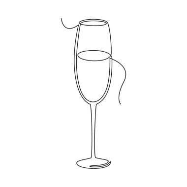 Şampanya kadehleri, monolin, alkol içeceği, tatil, tek sıra sanat. Minimalist vektör çizimi beyaz arkaplanda izole edildi