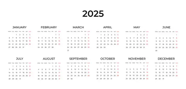 2025 için klasik sıkı bir takvim şablonu. Yatay minimalist tasarım. Duvar, masa takvimi. Not defteri ve planlayıcı için kısıtlı iş tasarımı. Hafta pazartesi başlıyor.