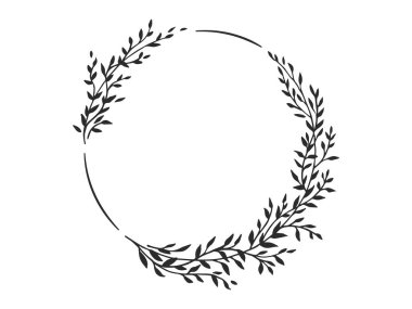 Çiçek çelengi, el yapımı yapraklı bir çelenk. Davetiye veya düğün dekorasyonu için vektör botanik çizimi, etiketler, logo, markalaşma, kimlik
