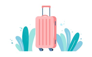 Yol tarifi. Büyük mercan tekerlekli bavul. Seyahat bagajı. Tatil, seyahat, macera, turizm, valiz, çanta kavramı. Vektör düz resimleme