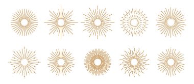 Boho güneş logosu. Güneş ışınları püsküren bohem sembolü. Sihirli tılsım, antika tarzı, boho, dövme. Dekorasyon için geometrik soyut tasarım ögeleri