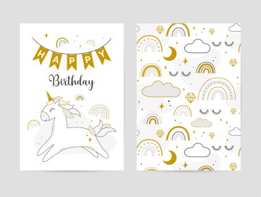 Şirin tek boynuzlu at doğum günü partisi kartı. Tek boynuzlu at, bulutlar, ay, yıldızlar ve gökkuşağı ile el yapımı tasarım. Çocuk odası dekorasyonu, bebek duşu kartları, selamlar, kapaklar, duvar kağıdı arka planı, çocuk odası