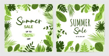 Yeşil yaz tropikal arka planında egzotik yapraklar, tropikal bitkiler. Canavar, avuç içi, sulu şeyler, Shefflera. Satışlar, kapak, arka plan, duvar resimleri, davetiyeler, tebrik kartları için botanik vektör tasarımı 
