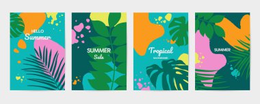 Soyut şekilleri ve tropik yaprakları olan renkli yaz arkaplanları. Kutlama için modern sanat tasarım şablonları, tebrik kartları, reklamlar, marka, afiş, kapak, poster, satış