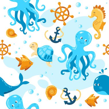 Su altı dünyası kusursuz desen. Ahtapot, balık, deniz atı, kabuk, balina, çapa. Okyanus hayatı. Kızlar ve erkekler için deniz yaratıkları, bebek partisi, doğum günü, tebrik kartları, duvar kâğıdı, ambalaj