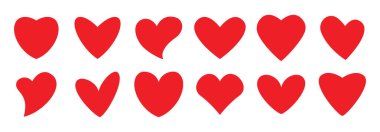 Ağlar, kartlar ve dekorasyonlar için kırmızı renkli 12 kupa seti. Sevgililer Günü için kalp koleksiyonu. Beyaz arkaplanda izole edilmiş vektör