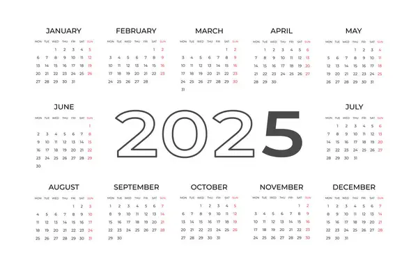 2025 için takvim şablonu. Yatay minimalist tasarım. Duvar, masa takvimi. Not defteri ve planlayıcı için kısıtlı iş tasarımı. Hafta pazartesi başlıyor.
