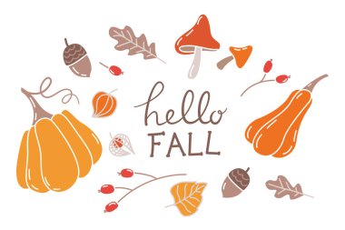 Hasat festivali posteri. Merhaba Fall. Sonbahar yaprakları, mantarlar, meşe palamutları, meşe ağaçları, balkabakları. Moda sonbahar vektör illüstrasyonu