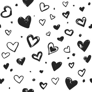 Elle çizilmiş kara kalplerle soyut, pürüzsüz bir desen. Mürekkep çizimi. Tekstil, ambalaj kağıdı, ambalaj, romantik tasarım için basit doku, Sevgililer Günü. Tebeşir, kalem veya kömür dokusu