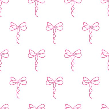 Beyaz arka planda pembe kurdeleli, pürüzsüz, şirin bir coquette deseni var. Tekstil, duvar kağıdı, kumaş, kağıt, festival dekorasyonu, ambalaj, kırtasiye malzemesi üzerine basım için basit moda illüstrasyonuName