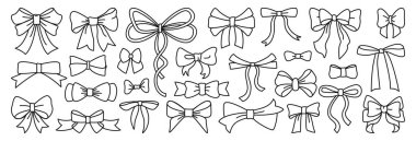 Doğrusal yay ve kurdele seti. Hediyeler için zarif kurdeleler ve papyonlar, ambalaj, doğum günü, düğün, Noel, yeni yıl tebrik kartları. Vektör illüstrasyonu beyaz arkaplanda izole edildi