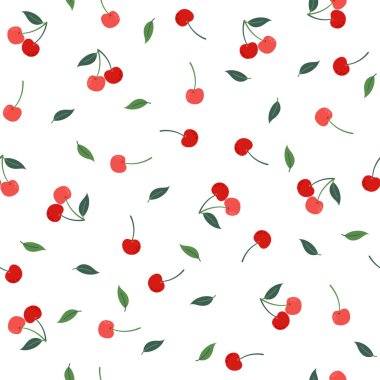 Kirazlı kusursuz desen. Yeşil yapraklı kırmızı kiraz meyveleri. Arkaplan, kapak, ambalaj kağıdı, duvar kağıdı, halı, tekstil tasarımı, kumaş, battaniye, çocuklar, kart, defter