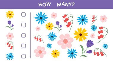 Çocuklar için oyun saymak. Kaç tane çiçek say. Matematik oyunu, anaokulu çocukları için hesaplama, anaokulu. Matematik bulmacası. Görevler sayılıyor