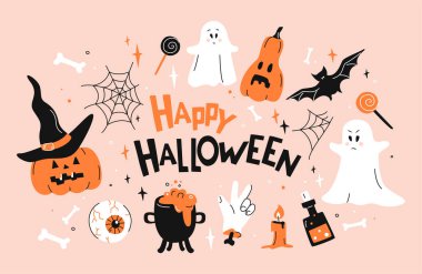 Ürkütücü moda ve şık Cadılar Bayramı posteri ya da içinde harfler, hayaletler, şapkalar, dekoratif balkabakları, sihirli iksir, kemikler, yarasalar, şeker ve yıldızlar olan kart. Pembe arkaplanda vektör düz illüstrasyon