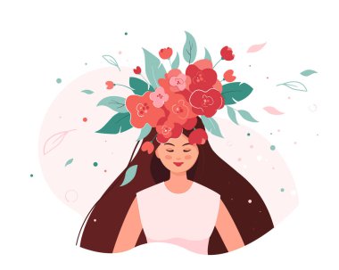 Kafasında çiçekler olan bir kadın. Olumlu düşünceler, mutluluk, kişisel bakım, aşk. Sağlık, akıl sağlığı, terapi konsepti. İyi ruh hali ve düşünceler
