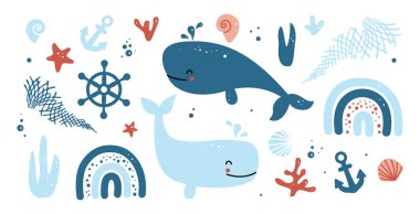 Okyanus hayatı. Denizyıldızı, balina, deniz kabuğu, mercan, çapa ve dümen. Suyun altında. Kumaş, tekstil, bebek partisi dekorasyonu için vektör çocukça desen