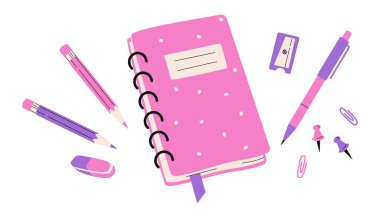 Defter, çizim defteri, kalem, kalem, düğme, ataç, silgi, kalemtıraş. Pembe ve mor renkli şirin okul kırtasiyesi. Okula dönelim. Düz biçim vektörü beyazda izole edildi