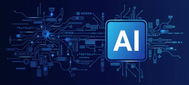 Yapay zeka çip işlemcisi. Al Technology afişi. Yapay zeka çipi işlemcisi. Gelecekçi teknoloji geçmişi. Çağdaş bilim, elektronik ve dijital kavram