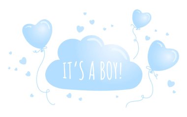 Bu bir oğlan. Bebek doğumu duyurusu. Mavi Helyum Balonları ve Kalpleri olan yeni doğan harfler. Bebek Duşu, Tekstil, Poster, Tebrik Kartı, Hediyeler İçin İyi