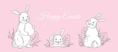 Çocuklar için Sevimli Tavşan Karakterleri, Paskalya, tebrik kartları, Bebek Duşu, posterler, tatil kapakları ya da afişler. Vektör karalama çizimi izole edildi