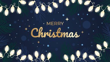 Noel Işıkları, köknar ağacı dalları, kar ve tipografi tasarımı olan Noel Afişi. Reklamlar, kapak, sosyal medya için parlak bir afiş. Moda vektör illüstrasyonu